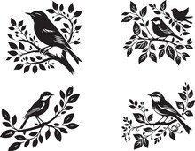 set of black and white birds with branches 