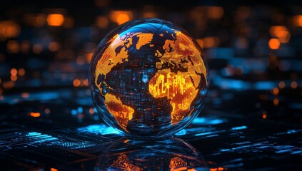 Poster - World map projected on a futuristic interface in holographic form with orange and blue lighting effects