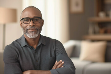 Wall Mural - Photo of a respectable 50-year-old bald African-American man with glasses and a dark shirt. The man is in the living room. Advertising banner.