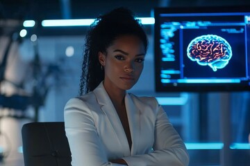 Brain smart woman in a futuristic lab with a digital brain interface symbolizing human cognition and the future of intelligent evolution