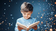© eaglesky - A young boy is reading a book with a smile on his face. The book is open to a page with a picture of a boy reading. The scene is set against a background of sparkling confetti, creating a festive