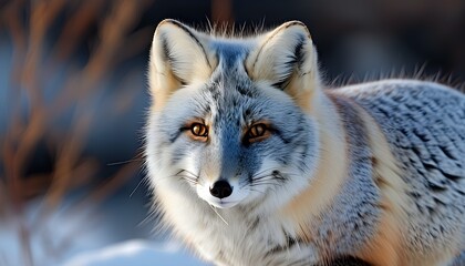 Wall Mural - Stunning close-up of a blue morph Arctic fox showcasing its winter coat in a snowy landscape