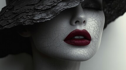 Canvas Print - A striking close-up of a mannequin with cracked skin and bold lips.