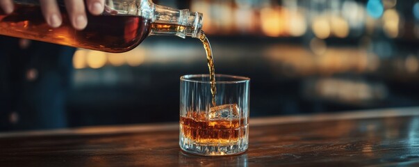 Bartender pouring whiskey from a bottle into a glass 