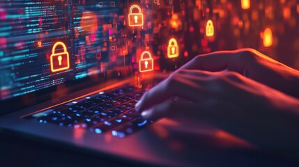 Poster - A skilled male cyber security professional dedicated to protecting sensitive data from cyber threats using advanced cloud solutions, often working remotely from his personal laptop