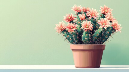 Sticker -   A potted plant with pink flowers sits on a table next to a green wall and a lighter green wall