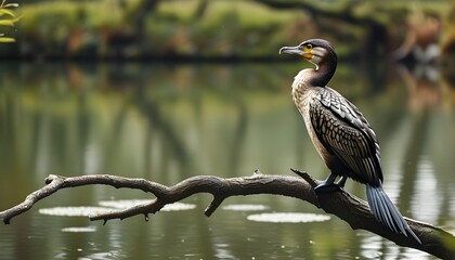 Wall Mural - Great cormorant resting on a tree branch overlooking a tranquil pond