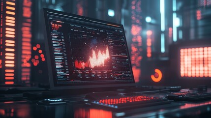 future-looking digital interface with glowing charts, graphs, and data visualizations representing a