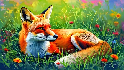 Wall Mural - Vibrant summer scene featuring a red fox lounging on lush green grass with a rich, colorful backdrop