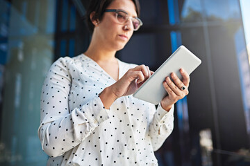 Poster - Office building, typing and woman with research on tablet for investment, plan or reading finance news. Stock broker, worker and scroll with tech for online exchange report, email or currency insight