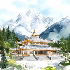 Wall Mural - Traditional Chinese Pagoda Watercolor Painting with Mountain Background.