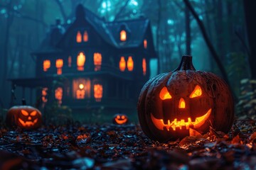 Glowing Jack-O'-Lantern in Front of a Haunted House in a Foggy Forest