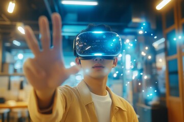 Poster - A curious student explores artificial intelligence and virtual reality in a smart classroom, showcasing the fusion of interactive learning and innovative experiences that can reshape education