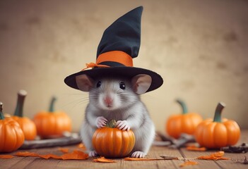 cute mouse with black witch hat holding pumpkin on halloween background with moon and copy space, halloween concept