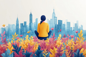 Wall Mural - A woman sits in a field of flowers with a city in the background