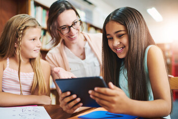Poster - Teacher, kids and online with tablet for education, elearning and math game for numbers solving skill. School, educator and students in elementary for knowledge, multiplication and studying app