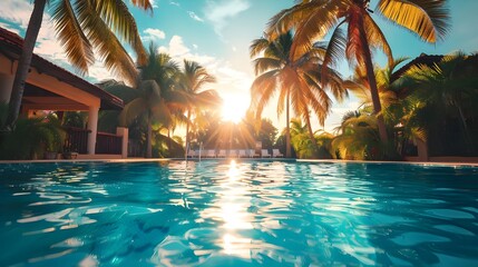 Swimming pool with palm trees at sunset. Vacation concept. - Generated AI