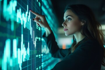 Poster - a woman analyzes data on an interactive screen in a modern office during an evening work session