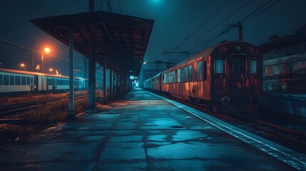 An empty train station platform at night, a train is parked with its lights off.