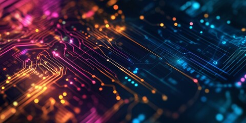 Poster - This vibrant digital circuit background features dazzling lights and complex patterns, ideal for technology, artificial intelligence, data visualization, and creative graphic design themes