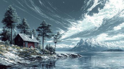 Poster - A red cabin sits on a rocky shore, with snow-capped mountains in the distance.