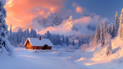 Wall Mural - A cozy cabin nestled in a snowy mountain landscape, illuminated by a breathtaking sunrise.