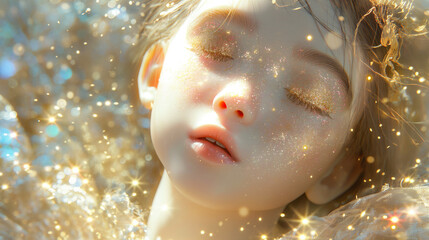 A close-up of the face of a little girl wearing an iridescent dress made from liquid gold and silver glitter that shines under sunlight.