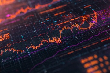 Poster - Data analytics, graphs, and statistics are displayed on a futuristic digital interface for technology and finance analysis.