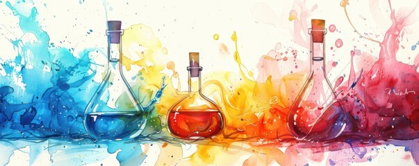 Wall Mural - Vibrant floating chemistry flasks, colorful fluids with artistic splashes in a dreamy watercolor style.