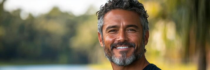 Poster - Smiling man with graying hair and beard outdoors.