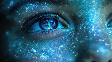 Wall Mural - A serene face with universe reflected in eyes, showcasing cosmic beauty that captivates viewer. intricate details of stars and galaxies create mesmerizing effect