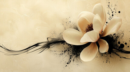 Wall Mural - A single magnolia bloom stands out beautifully against soft, swirling ink splash background, creating serene and artistic atmosphere. delicate petals and contrasting dark elements evoke sense of elega