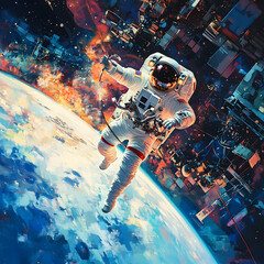 Wall Mural - graphics of space, planets, and astronauts on a white background.