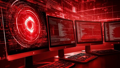 Poster - Red alerts flood the technology interface as urgent red tones fill the interface.