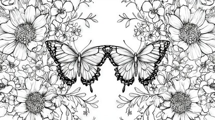 Wall Mural -   Black-and-white illustration featuring two butterflies resting atop a bouquet of colorful flowers