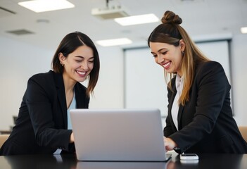 Two professional women collaborating happily over a laptop in a