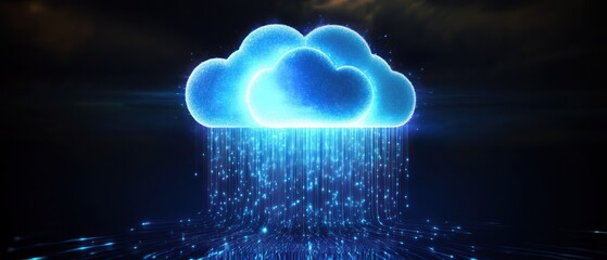 Wall Mural - A glowing cloud with digital rain, symbolizing data transfer and cloud computing.