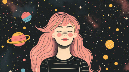 illustration of pink hair woman with closed eyes smiling, space background with stars and planets