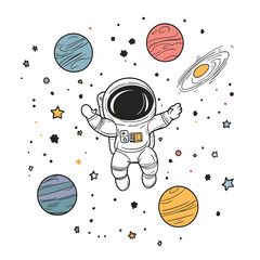 Wall Mural - graphics of space, planets, and astronauts on a white background.
