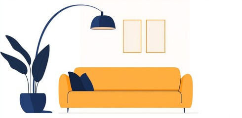 Drawing showing a sofa, lamp, lamp shade, and plant in a simple linear style. Modern doodle.