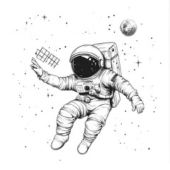 Wall Mural - graphics of space, planets, and astronauts on a white background.