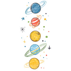 Wall Mural - graphics of space, planets, and astronauts on a white background.