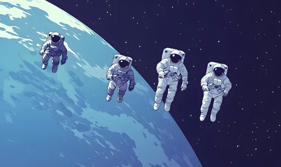 Wall Mural - graphics of space, planets, and astronauts on a white background.