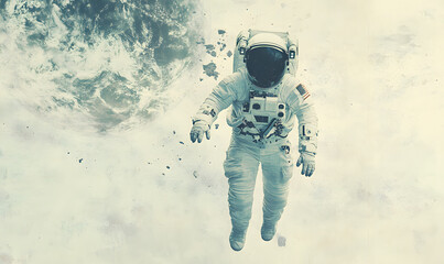 Wall Mural - graphics of space, planets, and astronauts on a white background.