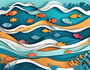 Wall Mural - Fishes layered shape wavy ocean underwater background