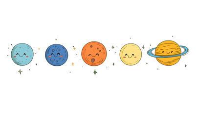 Wall Mural - graphics of space, planets, and astronauts on a white background.