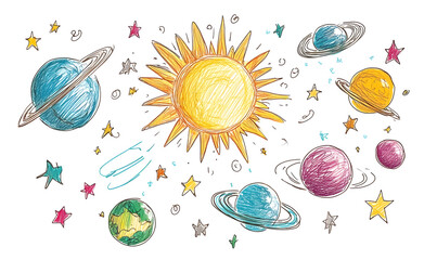 Wall Mural - graphics of space, planets, and astronauts on a white background.