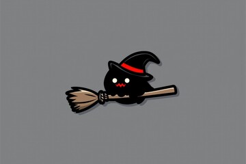 Poster - Cute Black Cat Witch on a Broomstick Flying on a Gray Background