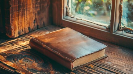 Wall Mural -   A brown leather book rests atop a wooden table beside a pane of glass behind a window