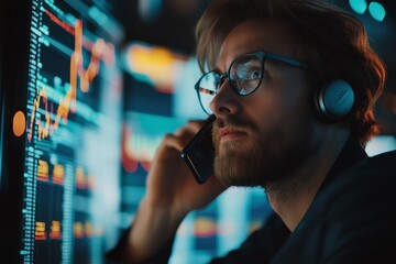 Poster - A focused man in glasses uses a phone while analyzing data trends on multiple screens in a dimly lit office environment